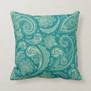Blauw-groen en beige Creme  Paisley Kussen