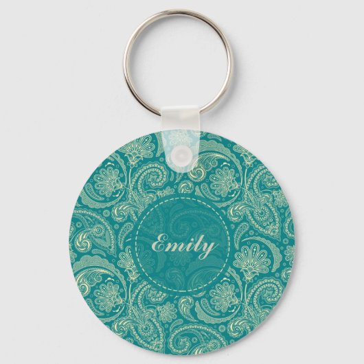 Blauw-groen en beige Creme  Paisley Sleutelhanger (Voorkant)