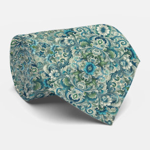 Blauw, Groen en Blauwgroen Floral & Swirl Pattern Stropdas
