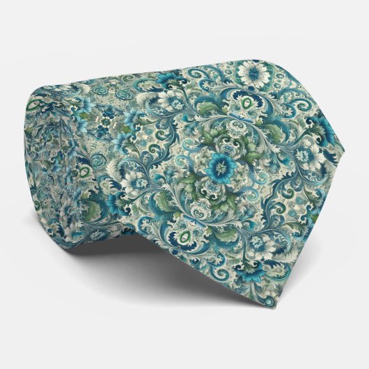 Blauw, Groen en Blauwgroen Floral & Swirl Pattern Stropdas (Opgerold)