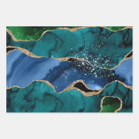 Blauw, groen en Blauwgroen Glitter Peacock Agate Inpakpapier Vel (Voorkant)