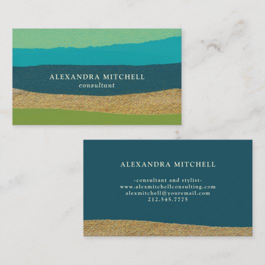 Blauw groen en goud | Abstracte gestreepte glam Visitekaartje (Voorkant / Achterkant)