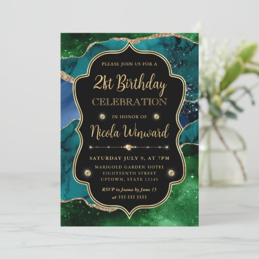 Blauw, groen en goud Glitter Agaat Lijst Verjaarda Kaart (Staand voorkant)