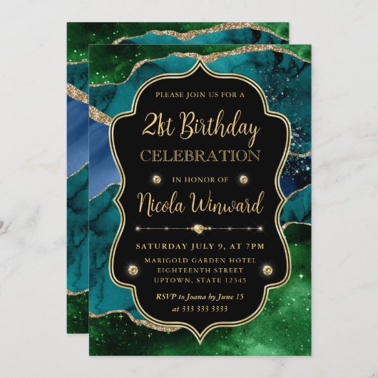 Blauw, groen en goud Glitter Agaat Lijst Verjaarda Kaart (Voorkant / Achterkant)