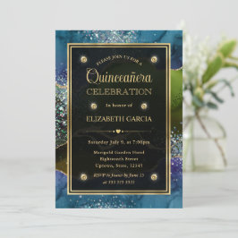 Blauw, Groen en Goud Glitter Agate Quinceanera Kaart