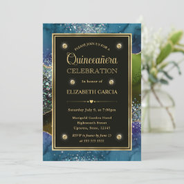 Blauw, Groen en Goud Glitter Agate Quinceanera Kaart