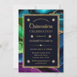 Blauw, Groen en Goud Glitter Agate Quinceanera Kaart