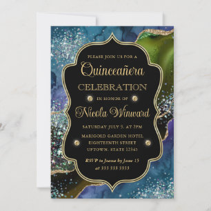 Blauw, Groen en Goud Glitter Agate Quinceanera Kaart