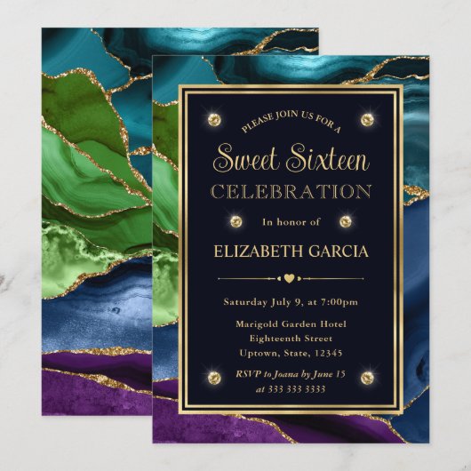 Blauw, groen en goud glitter Agate Sweet Sixteen Kaart (Voorkant / Achterkant)