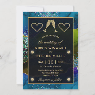 Blauw, Groen en Goud Glitter Pauw Agate Trouwfeest Kaart
