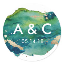 Blauw Groen en Goud Splatter Monogram Sticker