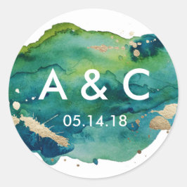 Blauw Groen en Goud Splatter Monogram Sticker