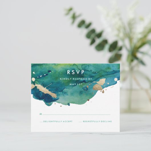 Blauw Groen en Goud Splatter RSVP (Staand voorkant)