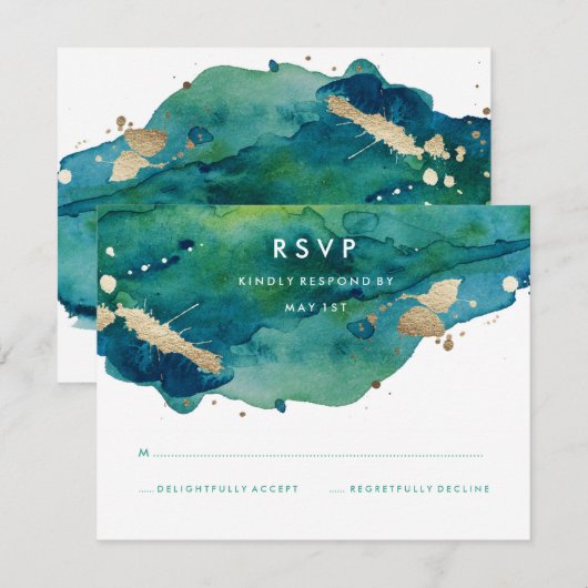 Blauw Groen en Goud Splatter RSVP (Voorkant / Achterkant)