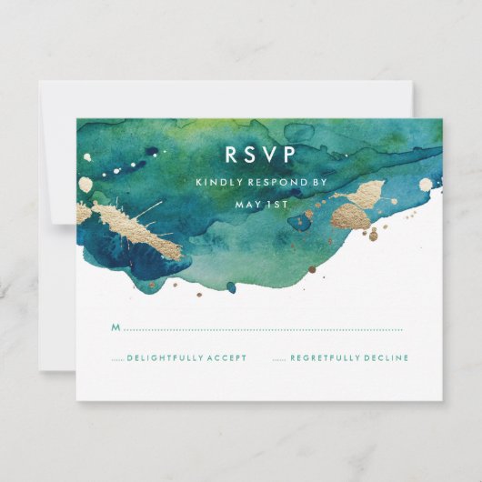 Blauw Groen en Goud Splatter RSVP Kaartje (Voorkant)