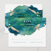 Blauw Groen en Goud Splatter RSVP Kaartje (Voorkant / Achterkant)