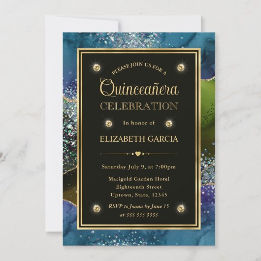 Blauw, groen en goudglitter Agate Quinceanera Kaart (Voorkant)