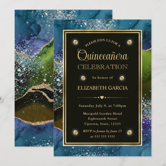 Blauw, groen en goudglitter Agate Quinceanera Kaart (Voorkant / Achterkant)