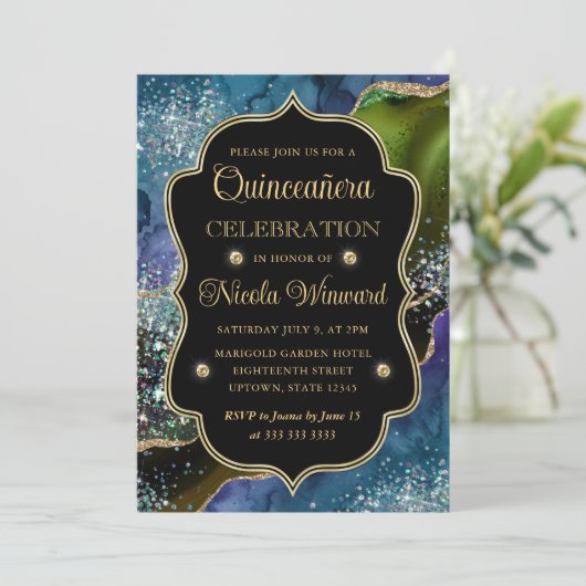 Blauw, groen en goudglitter Agate Quinceanera Kaart (Staand voorkant)