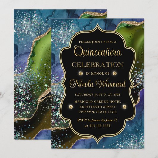 Blauw, groen en goudglitter Agate Quinceanera Kaart (Voorkant / Achterkant)
