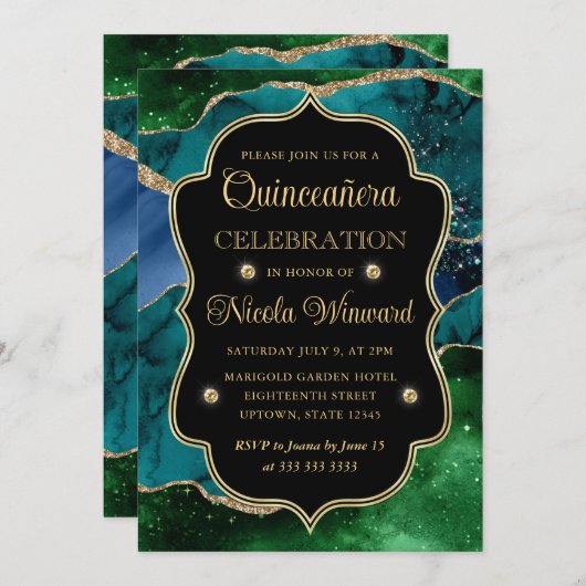 Blauw, groen en goudglitter Agate Quinceanera Kaart (Voorkant / Achterkant)