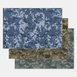 Blauw, groen en groen 3 Pixel Camo Camouflage Inpakpapier Vel