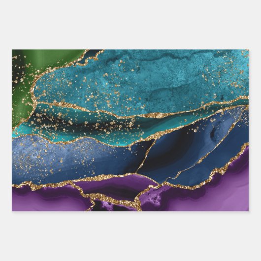 Blauw, groen en Paars Glitter Peacock Agate Inpakpapier Vel (Voorkant 2)