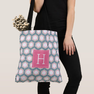 Blauw groen en roze geometrisch patroon en monogra tote bag