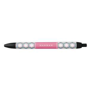 Blauw groen en roze geometrisch patroon monogram zwarte inkt pen