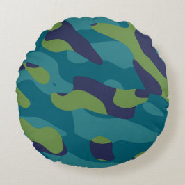 Blauw Groen en Teal Camo Abstract Rond Kussen
