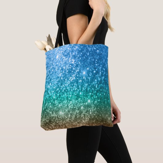 Blauw, groen en toonvormig glitter-ontwerp tote bag (Dichtbij)