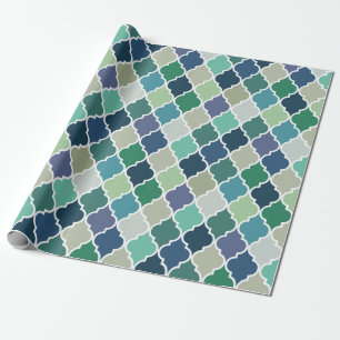 Blauw, groen en turquoise quatrefoil patroon cadeaupapier