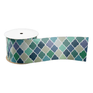 Blauw, groen en turquoise quatrefoil patroon satijnen lint