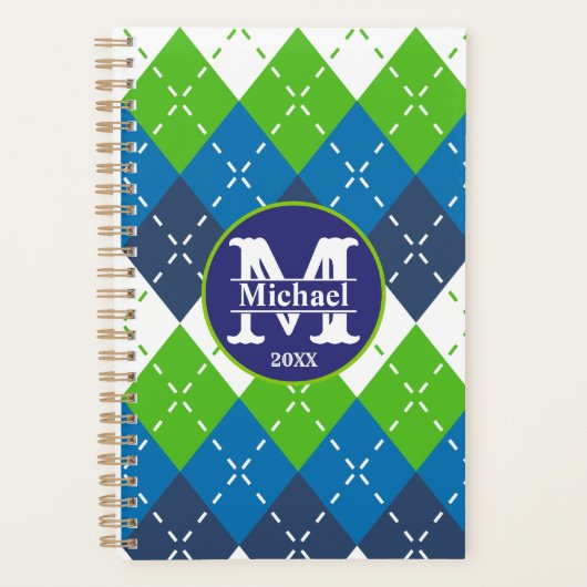 Blauw, groen en wit Argyle gepersonaliseerd Planner (Voorkant)