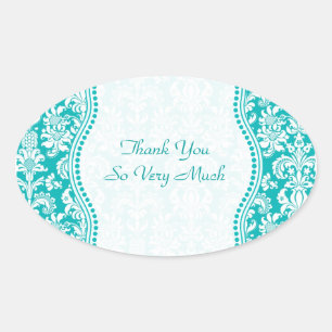 Blauw-groen en wit Floral DamasPatroon Ovale Sticker