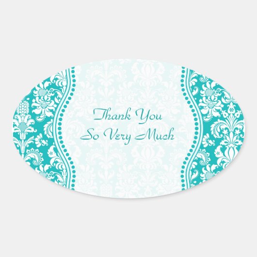 Blauw-groen en wit Floral DamasPatroon Ovale Sticker (Voorkant)