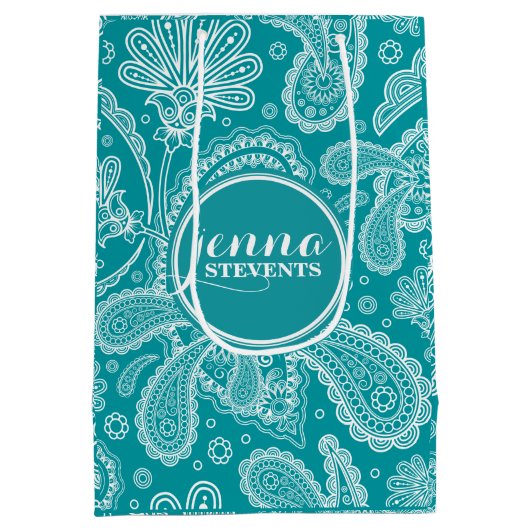 Blauw-groen en wit  Paisley Pattern 2 Medium Cadeauzakje (Achterkant)