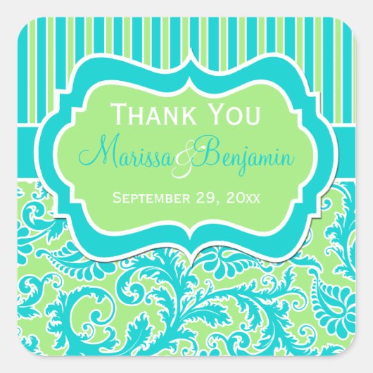 Blauw, Groen, en Witte Striped Damask Sticker (Voorkant)