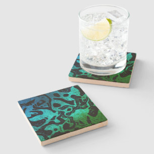 Blauw groen en zwart glinsterend golvend patroon stenen onderzetter