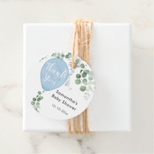 Blauw groen eucalyptus ballon baby shower bedankjes labels (In situ)