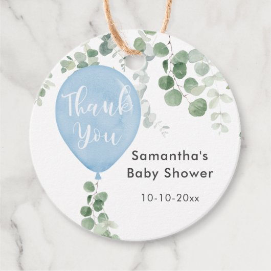 Blauw groen eucalyptus ballon baby shower bedankjes labels (Voorkant)