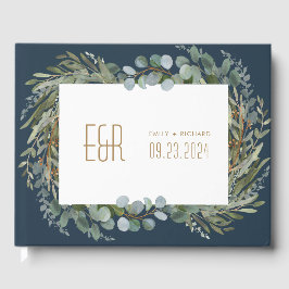 Blauw Groen Eucalyptus Lijst Goud op Wit Gastenboek