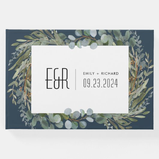 Blauw Groen Eucalyptus Lijst Zwart op Wit Gastenboek (Voorkant)