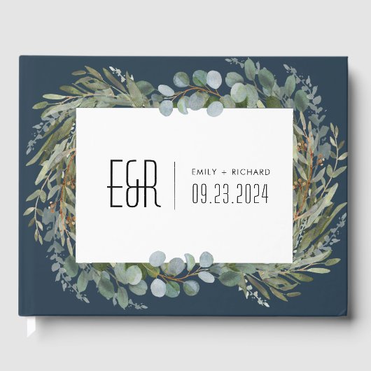 Blauw Groen Eucalyptus Lijst Zwart op Wit Gastenboek (Voorkant)