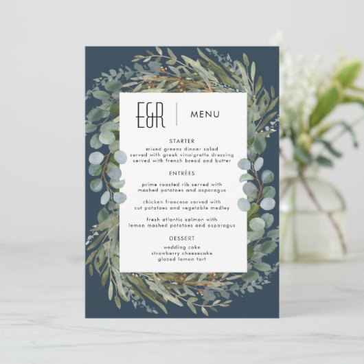 Blauw Groen Eucalyptus Lijst Zwart op Wit Menu (Staand voorkant)