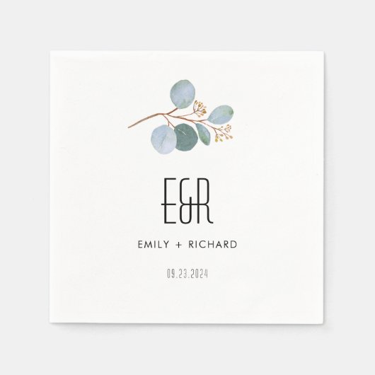 Blauw Groen Eucalyptus Lijst Zwart op Wit Servet (Voorkant)