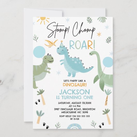 Blauw groen feest als een verjaardag van een dinos kaart (Voorkant)
