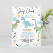 Blauw groen feest als een verjaardag van een dinos kaart (Staand voorkant)