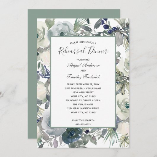 Blauw-groen-Floral-Elegant-repetitie Dinner I Kaart (Voorkant / Achterkant)