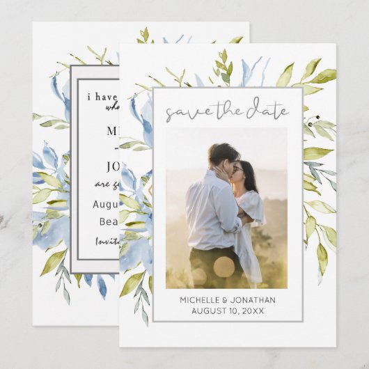 Blauw-groen-Floral-groen-FOTO-Inspirerend Save The Date (Voorkant / Achterkant)